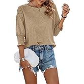Fazortev Women's 3/4 Sleeve Casual Tops Solid Color Crew Neck Loose Fit Shirts Blouses