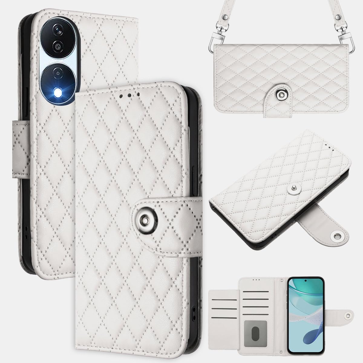 MOJIA Flip Case for Honor X7b / Honor 90 Smart, PU Leather Wallet Case Flip Phone Cover, Card Holder Multifunctional Case with Wrist and Shoulder Strap. White