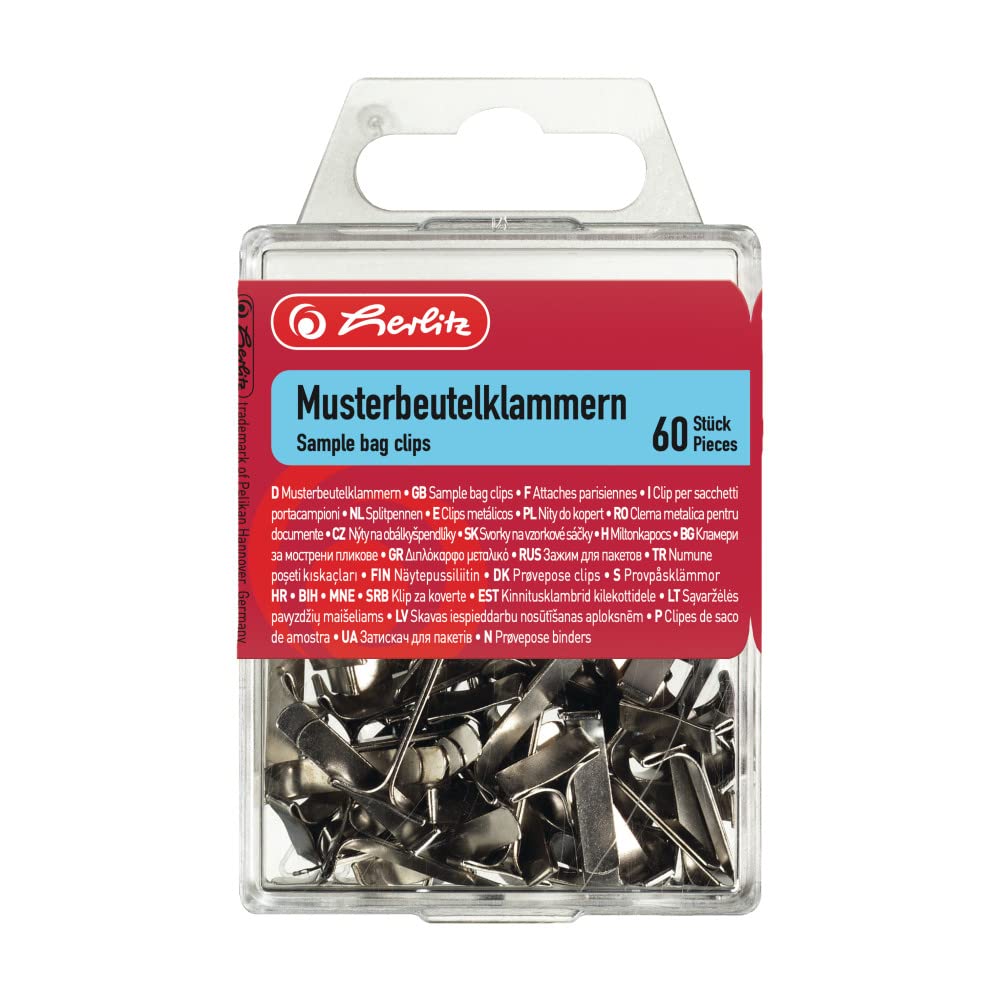 Herlitz Sample Bag Clip, Flat Top, 60 Pieces in Hanging Box, Metal 60 Stück Silver