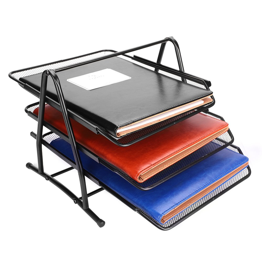 3-Tier Letter File Tray File Rack Holder Desk Files Organiser Metal Mesh Desktop Filing Tray Stackable File Dividers Shelf Documents Storage Paperwork Organizer for Office School Supplies