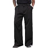 PLEPAN Men's Wide Leg Dress Pants Baggy Pleated Casual Trousers Relaxed Fit Elastic Waist Business Slacks