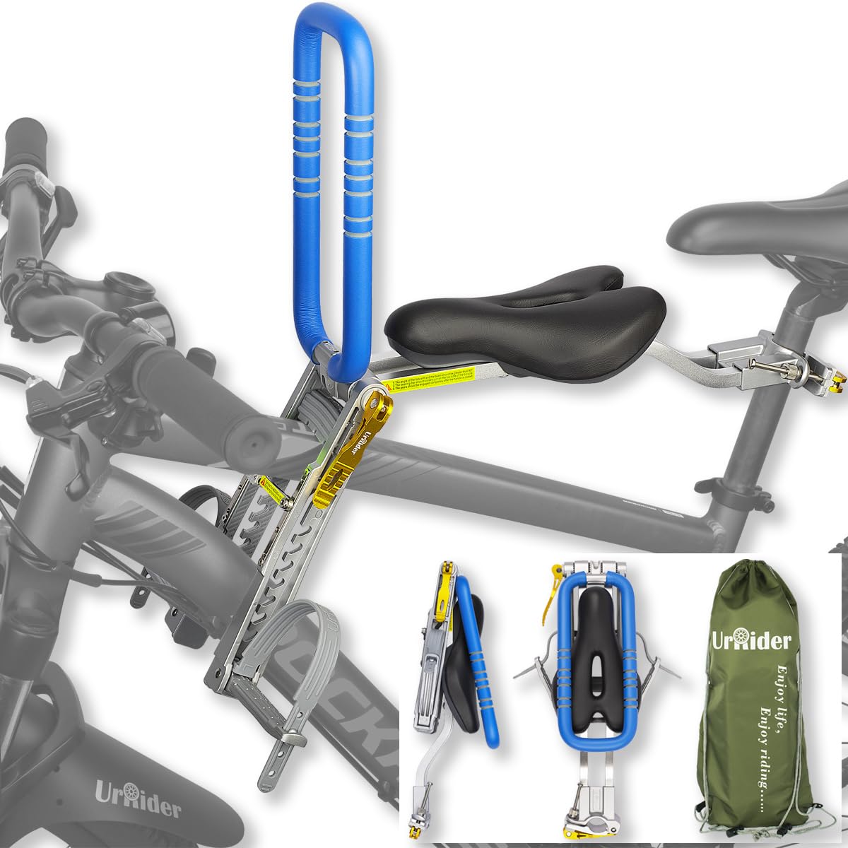 UrRider Front Mounted Child Bike Seat, Tool-Free Quick Release, Ultra-Light & Foldable Kids Bike Seat for Mountain, Hybrid & City Bikes (Toddlers 2–6 Years, Up to 60 lbs)