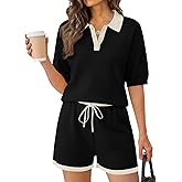 Tankaneo Womens 2 Piece Sweater Short Sets 2026 Summer Vacation Outfits Short Sleeve Knit Collared Tops Matching Lounge Set
