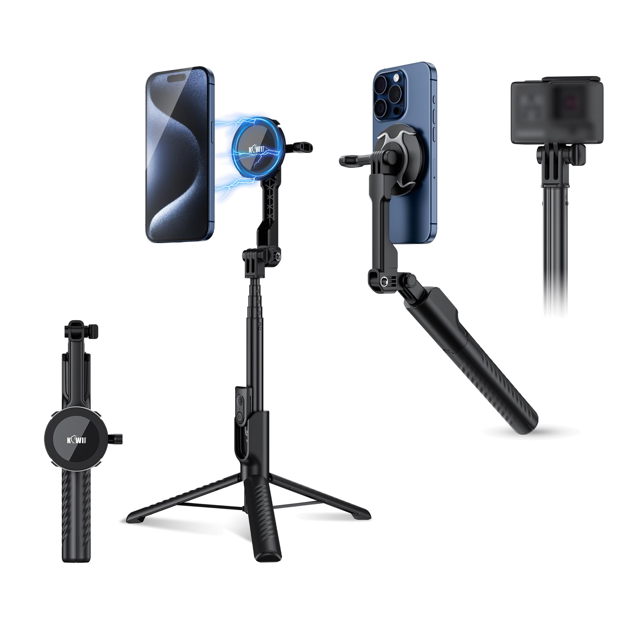KIWIFOTOS Magnetic Tripod for iPhone MagSafe Selfie Stick for iPhone 16 15 14 Pro Max with Detachable Remote for Travel Selfie Vlogging Video Portable Smartphone Tripod