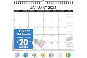 Forvencer 2026 Calendar, 20-Month Wall Calendar 2026, Dec 2025 to Jun 2027, 11" x 8.5" Monthly Planner Calendars with Note Pages & Stickers, Unruled Blocks, Spiral Binding Hanging for Home Office