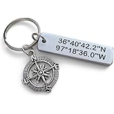JewelryEveryday Custom Engraved Coordinates Keychain with Aluminum Tag and Compass Charm, Anniversary Special Occasion GPS Key Chain