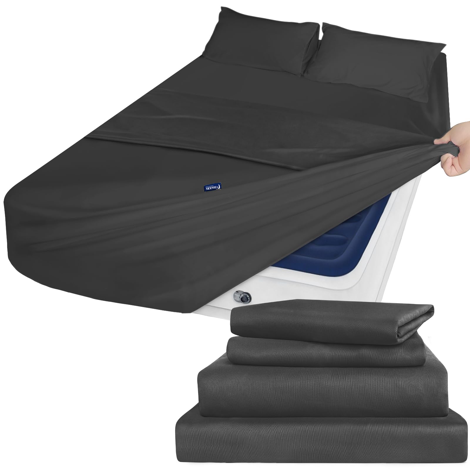 Photo 1 of Moonsea Deep Pocket Twin Sheets Set for Kids Air Mattress - Extra Deep Pocket Twin Sheet Sets - 4 Piece Bed Set Fade Resistant Fits 16in to 24in Pillow Top Air Bed Mattress (Black)