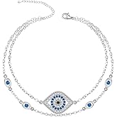 Jewlikee Evil Eye Anklet Sterling Silver Evil Ankle Bracelets for Women Turkish Blue Eyes Anklets Protection Jewelry Layered Chain