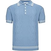OXKNIT Men’s Knitted Vintage Polo Shirt, 1960s Mod Style Retro Polo Textures Shirt with Double Line Neck