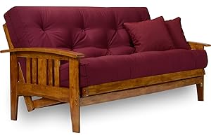 Nirvana Futons Westfield Futon Set - Full Size, Frame, 8" Mattress, Twill Burgundy Cover