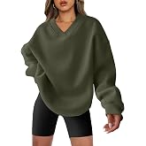 ANRABESS Women Oversized V Neck Fleece Fall Sweatshirts | 2026 Fall Outfits,Basic Cute Long Sleeve Sweatshirt,Relaxed Fit Pullover Top,Cozy Work Office&amp;Travel Lounge Wear