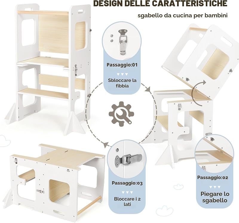 Montessori Torre per bambini, 3 in 1 Torre di Apprendimento Pieghevole, Multifunzionale Torre didattica con lavagna, Legno protezione antiribaltamento torretta da 1 anno bambini-bianco e legno