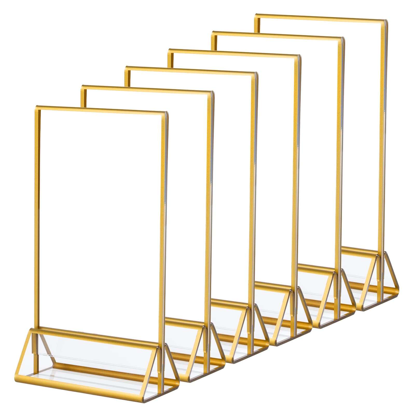 LileZbox 6 Pack Clear Acrylic Sign Holder with Gold Borders and Vertical Stand,Clear Easel Table Stands for Signs,for Wedding Table Number, Restaurant Sign, Photo Display, Menu Holder (4x6 inch)