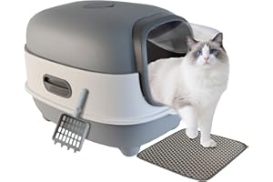 JIA XI Large Cat Litter Box with Cat Litter Scoop, Foldable Litter Box with Lid, Front Entry and Exit Leak-Proof Litter Cat Box, Odor Control, Easy to Clean (Grey)