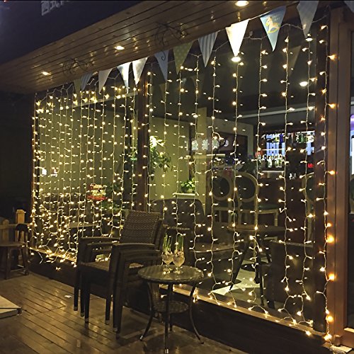 GreenClick 594 LEDs Fairy Curtain String Icicle Hanging Lights With Remote, 19.6ft Lenght-10ft Wide Christmas Waterfall Backdrop Lights, 8 Lighting Modes, UL Listed Adapter, 6 hours Timer, Warm White