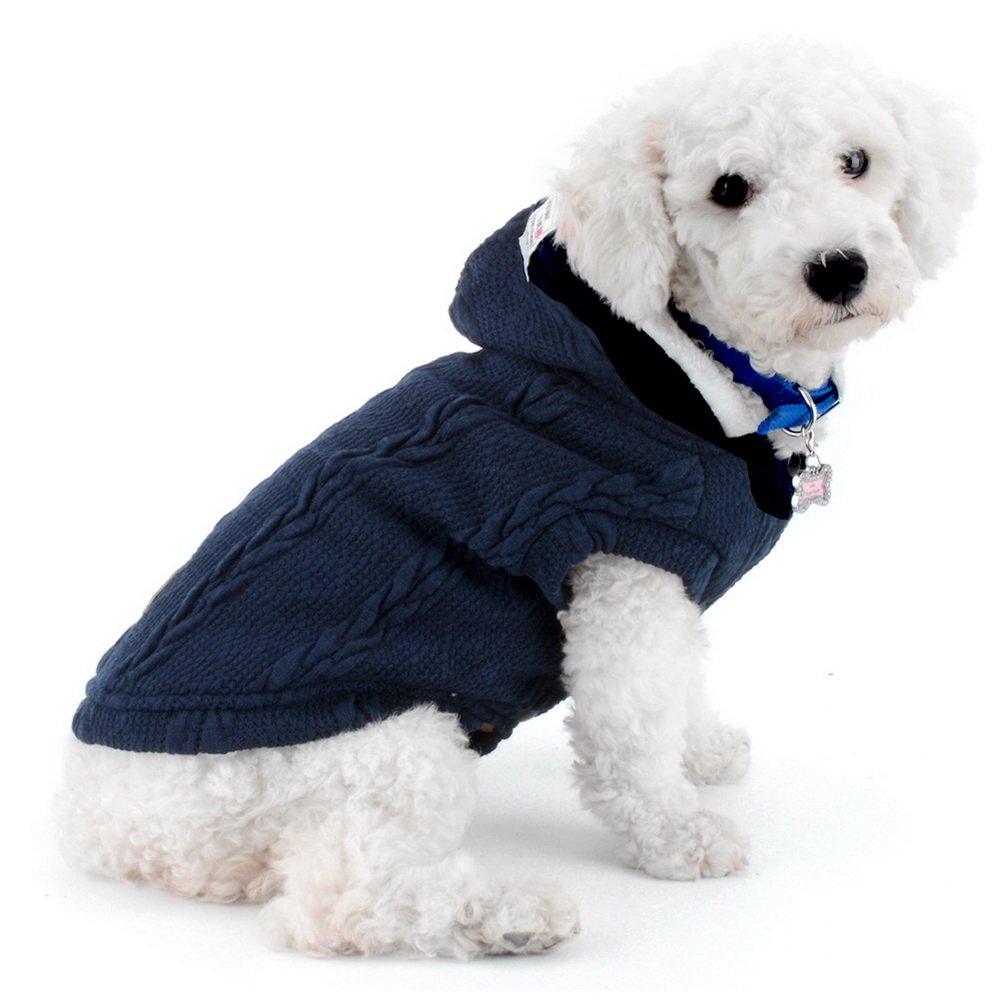 SMALLLEE_LUCKY_STORE Knitted Dog Clothes Jumper with Hood Warm Hoodie Jacket Coat for Small Dogs Blue M