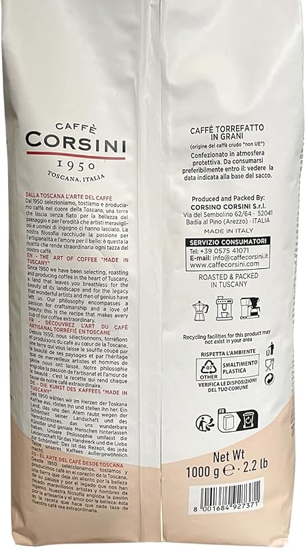 Caffè Corsini - Café en Grains Espresso 1 Kg, Mélange Classique Arabica et Robusta, Torréfaction Moyennement Sombre, Café Corsé Intense à l'Arôme Plein, Origine Amérique du Sud et Afrique