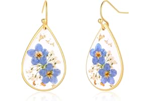 AUNTESIGN Forget-Me-Not and Queen Anne's Lace Pressed Wildflower Earrings | Pressed Flower Earrings | Handmade Drop and Dangle Earrings | Gift for Woman