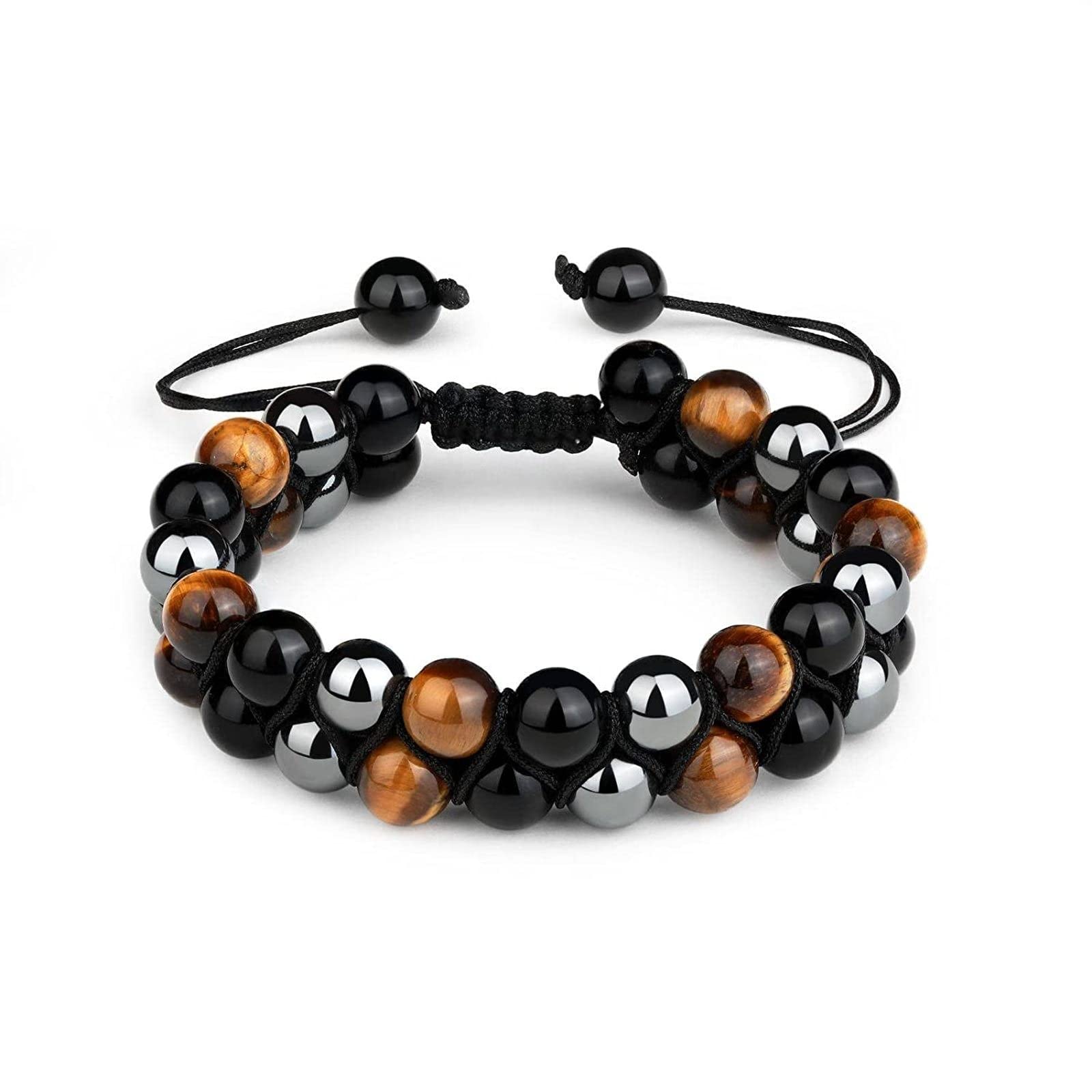MTDPWY Triple Protection Healing Crystal Bracelet, Tigers Eye Black Obsidian Hematite 8mm Beads Stone Bracelets for Good Luck Prosperity and Protection