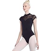 Daydance Girls Women Dance Leotards Lace Turtleneck Ballet Bodysuit Cap Sleeve