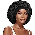 Extra Large Satin Bonnet Hair Cap, 17inches Silk Bonnet for Sleeping, Jumbo Silk Sleep Cap for Women Braids Curly Hair Locs 1Pcs (Black)