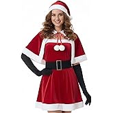 Geyoga 5pcs Mrs Santa Claus Christmas Costume Outfit Set for Women Velvet Claus Dress with Cape Santa Hat Belt and Gloves