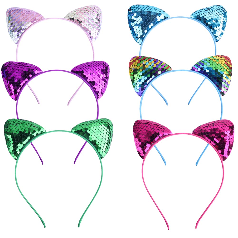 6PCS Sequin Headbands Cat Ears Headbands Glitter Cat Ears Hair Hoop Shiny Hairbands Hair Accessories for Birthday Wedding Party Favor