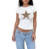 POHADON Women Leopard Star Print T Shirts Short Sleeve Crewneck Casual Slim Fit Crop Tops Y2K Clothes 2026 Summer Trendy Tee
