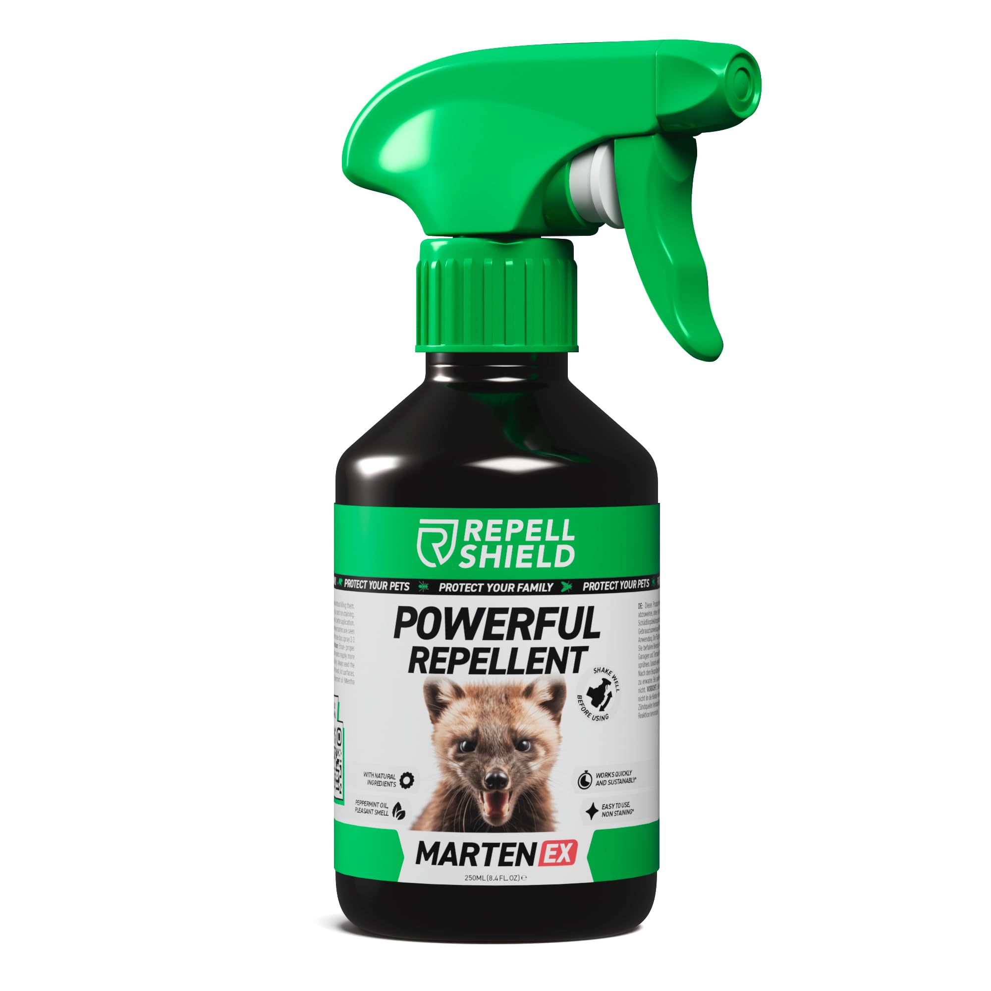 RepellShield Marten & Mole Repellent Spray - Natural Geraniol, Pet-Safe, Non-Toxic, High Efficiency Pest Control for Homes, Mint Scented, Versatile Indoors & Outdoors - Eco-Friendly Eradication, 250ml