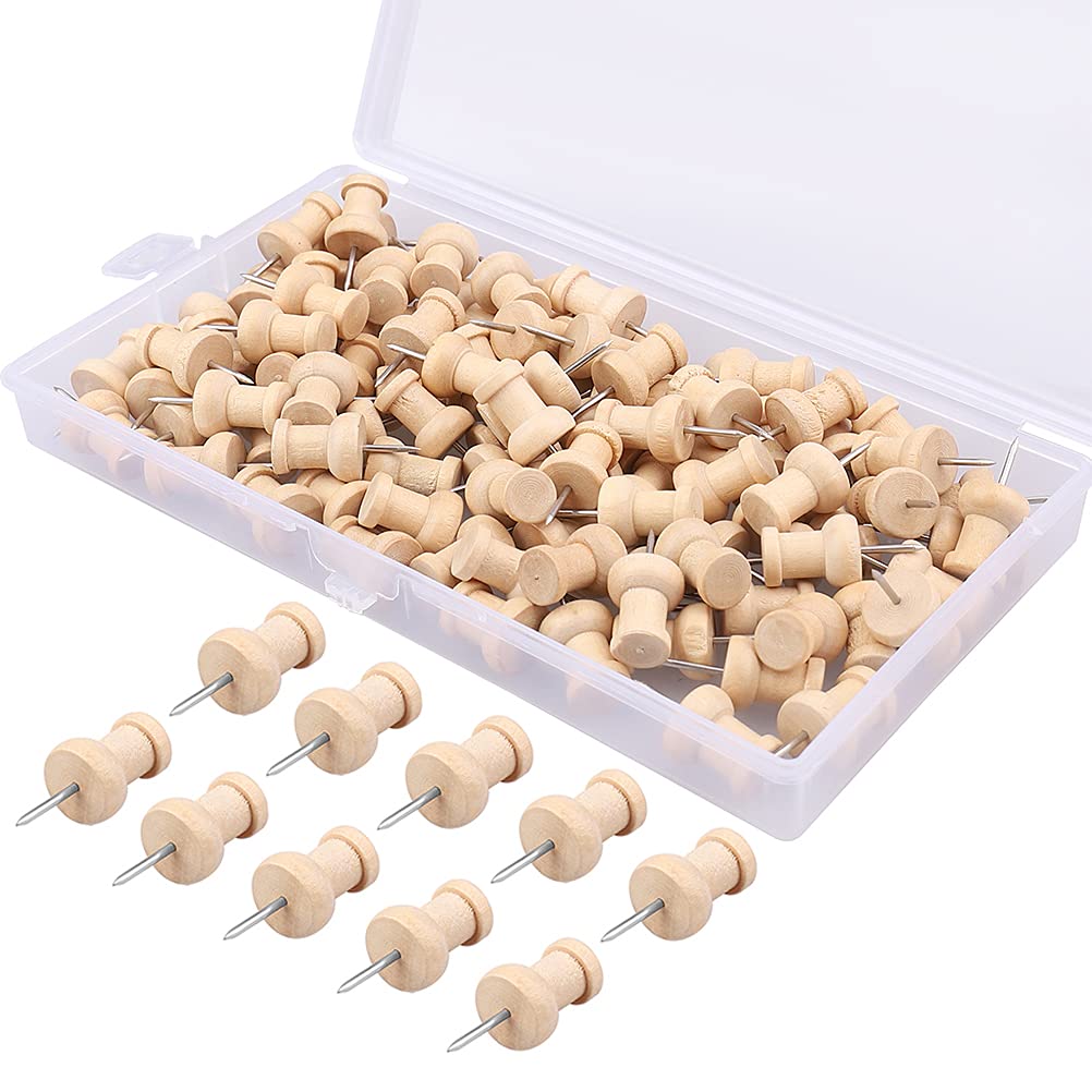 100 Wooden Push Pins, Map Pins with Wooden Heads and Steel Spikes for Card Drawing Board (with Storage Case)