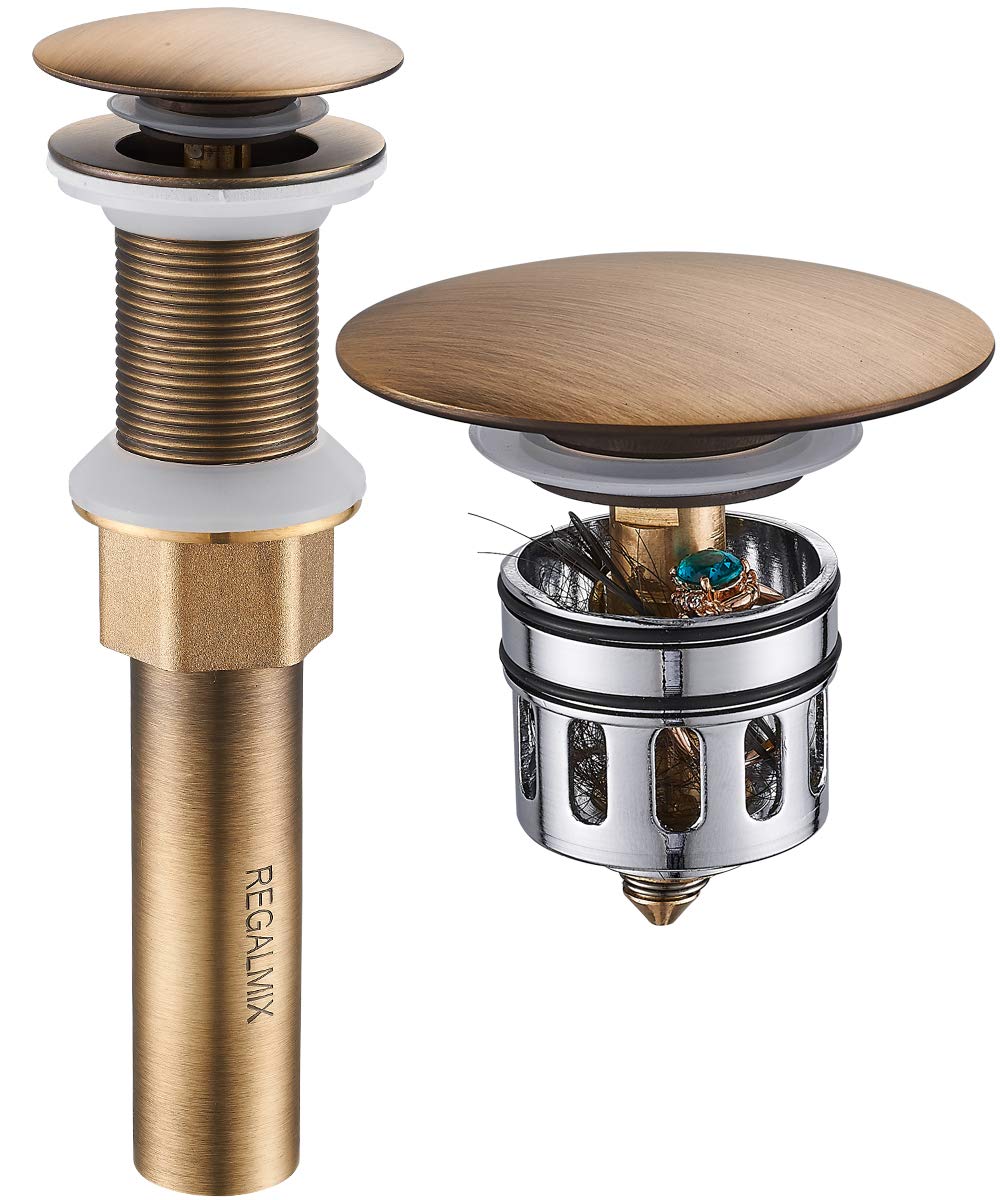 REGALMIX Antique Brass Pop UP Drain, Bathroom Vessel Lavatory Vanity Faucet Sink Stopper, Built-in Anti-Clogging Strainer, Fits Standard American Drain Hole(1-1/2" to 1-3/4"),Without Overflow RWF082S