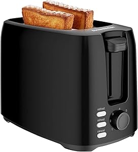 Bonsenkitchen 2 Slices Retro Toaster with 7 Browning Levels and Crumb Tray, 750W, Auto Pop-up Toaster with Defrosting and Warming up Function, Black Compact Toaster
