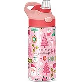ALAZA Christmas Santa Pink Kids Water Bottles with Lids Straw Insulated Stainless Steel Water Bottles Double Walled Leakproof Tumbler Travel Cup for Girls Boys Toddlers 12 oz,Pink
