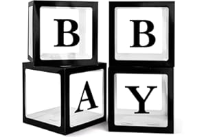 PABUES Baby Boxes with 4 PCS Letters for Baby Shower Black Clear Balloon Box Blocks Gender Reveal Decorations and Birthday Party (Black)