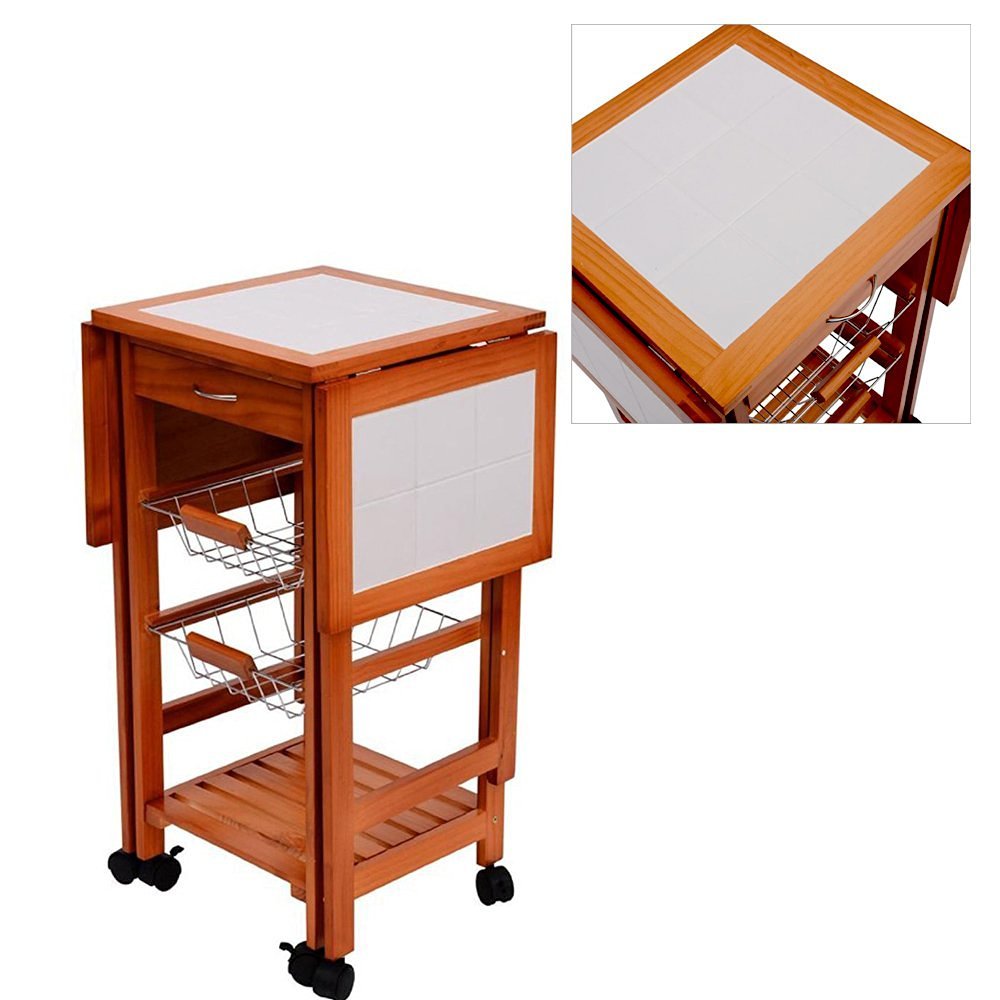 Tenive Wooden Folding Dining Trolley Portable Rolling Kitchen Trolley