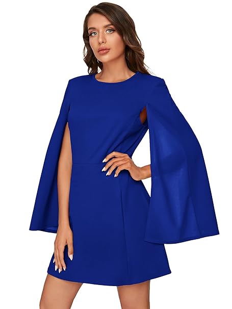 Buy SheIn Women's Elegant Cloak Sleeve Mini Cape Dress Plain with Pocket, Royal Blue, Medium at 