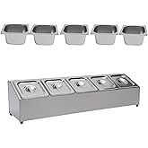kunghei Pizza Toppings Station Storage Condiment Organizer Divider Food Container with 5 Pans & Lids, Stainless Steel Kitchen Condiment Divider Pizza Prep Ingredients Holder, Grill Table Serving Tray