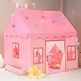 RONGFA Large Kids Tent Playhouse Basic Mat with Star Lights, Flags and Tote Bags, Play Tent Indoor & Outdoor, Washable Teepee Tent for Boys & Girls, Kids Play House for Toddler（Pink）