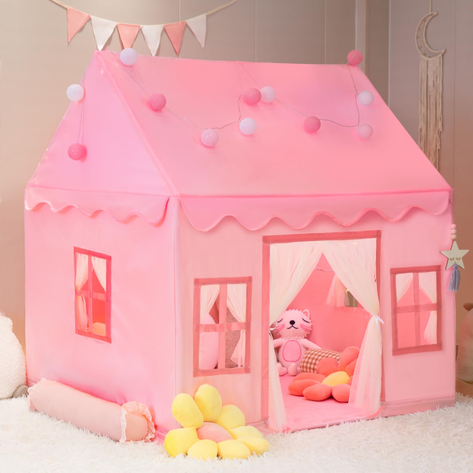 RONGFA Large Kids Tent Playhouse Basic Mat with Star Lights, Flags and Tote Bags, Play Tent Indoor & Outdoor, Washable Teepee Tent for Boys & Girls, Kids Play House for Toddler（Pink）