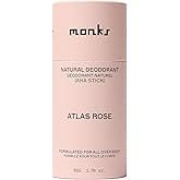 MONKS Whole Body Natural Deodorant Stick - For Women and Men, Aluminum-Free, Baking Soda Free, Organic AHA’s, Pure Essential Oils (Atlas Rose)