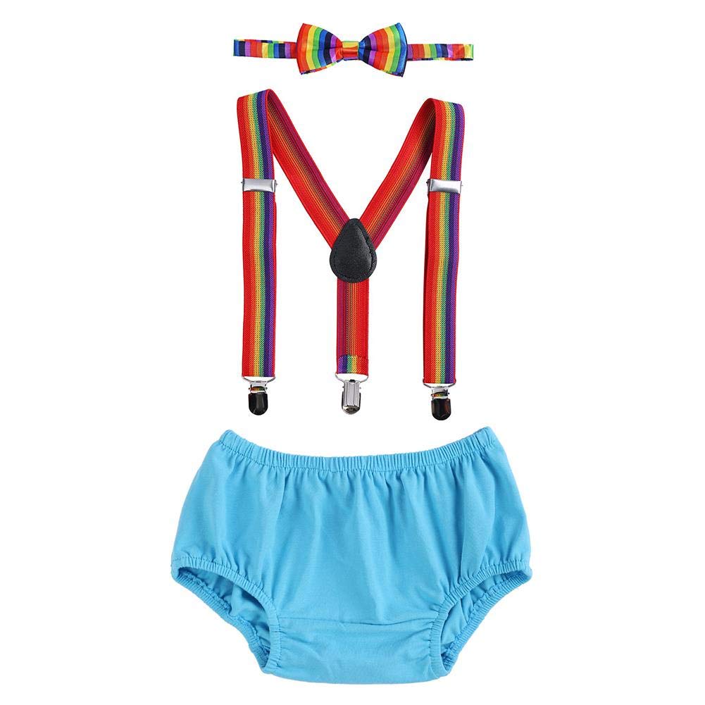 FYMNSI Baby Boy 1st 2nd Birthday Cake Smash Outfit Bow Tie Y-Back Suspenders Bloomer Diaper Cover Shorts Pants 3pcs Clothes Set Photography Costume Sky Blue