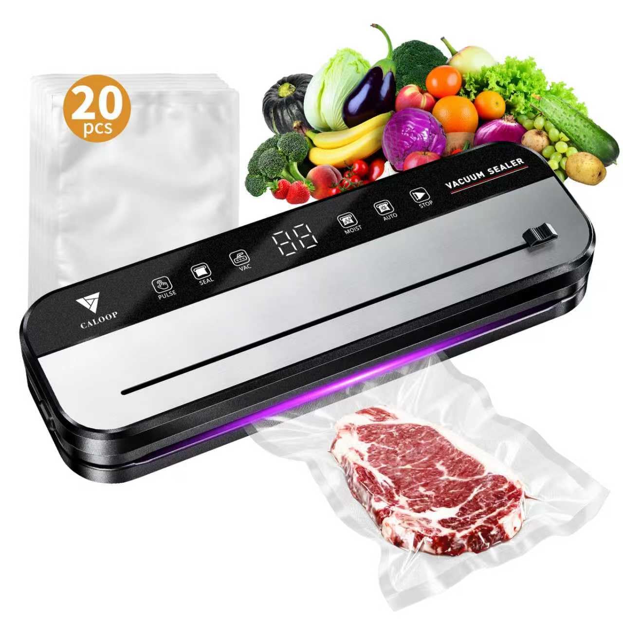 Photo 1 of ** SOLD AS IS NO RETURN/REFUNDS**
CALOOP Food Vacuum Sealer Machine with 20 Seal Bags, 80 Kpa Powerful Food Saver for Kitchen Storage, Dry/Moist Modes, Digital Countdown Timer, Compact Lightweight, Build-in Cutter