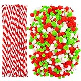 Cooraby 1000 Pieces Christmas Pompoms Assorted Size and Color Pom Poms with 100 Pieces Striped Chenille Stems Pipe Cleaners for Craft Supplies (Christmas Color)