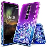 Nokia 6.1 Case, Nokia 6 2018 Case, (NOT for Nokia 6 2017) NageBee Glitter Liquid Quicksand Waterfall Floating Flowing Sparkle Shiny Bling Diamond Shockproof Girls Cute Case -Purple/Blue