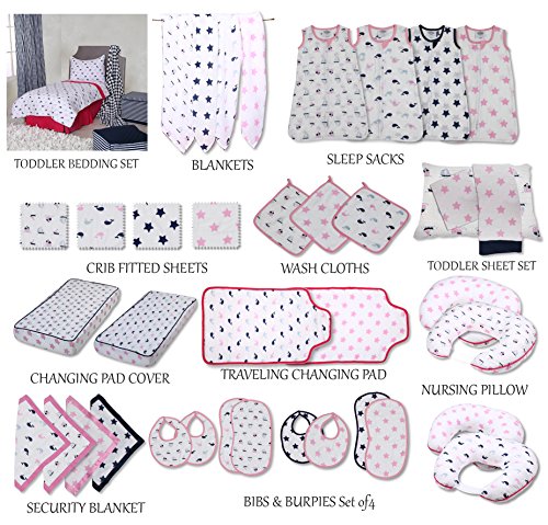 Bacati Nautical Whales/Boats/Stars Girls 100% Cotton 3 Piece Crib Set with 4 Layer Lux Blanket/Fitted Sheet/Skirt, Pink/Navy