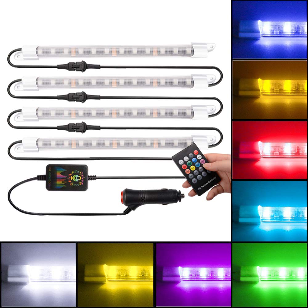 FICBOX Car LED Strip Lights, 4pcs 48 LED Multi Color Music Car Strip Light Under Dash Lighting Waterproof Kit with Sound Active Function and Wireless Remote Control,Car Charger Included