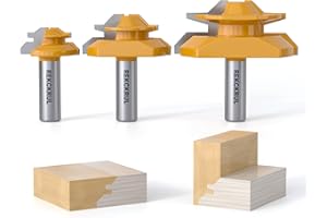 REKCKRUL 3 PCS Professional 45 Degree Lock Miter Router Bit Set - Carbide Tipped, 1/2" Shank, Cutting Height: 1/2", 3/4", 1", Woodworking Tools for Cabinets, Drawers, Doors & Furniture