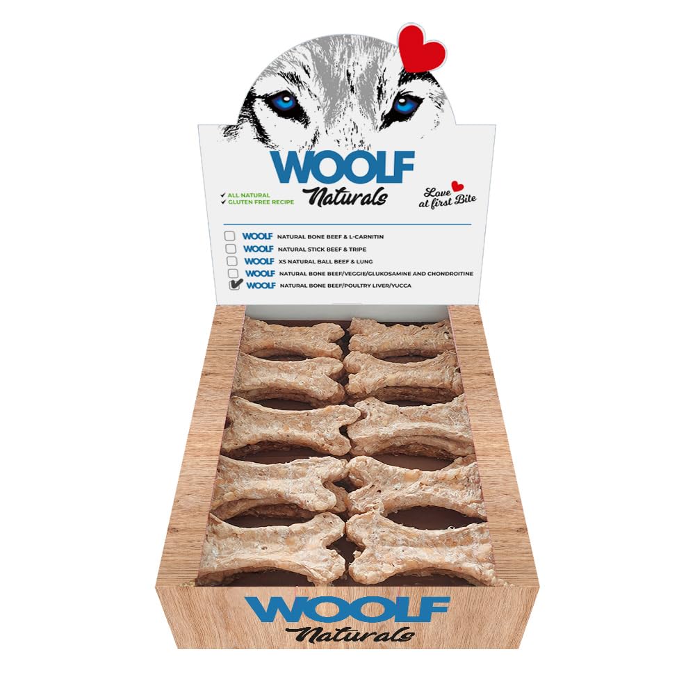 WOOLF Naturals Dog Treats - Gluten-Free and All-Natural Ingredients with Pro-Biotics. Ideal for Weight Control. Suitable for Dogs (Beef, Poultry, Liver & Yucca, 30 Bones)