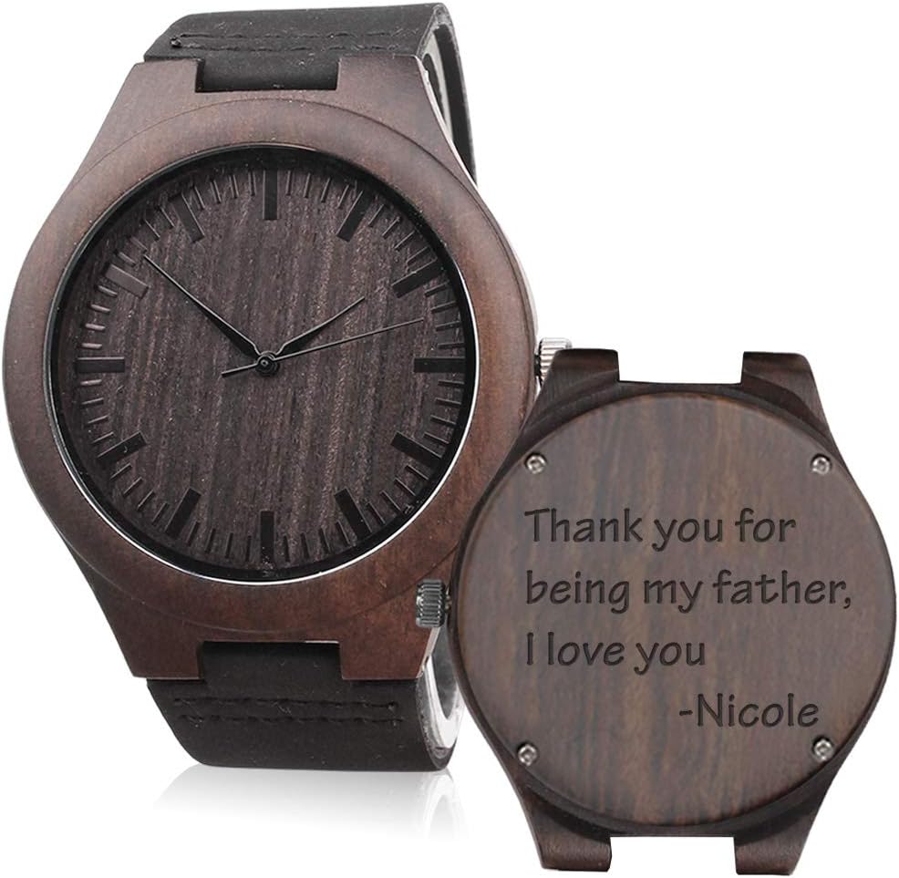Custom Engraved Mens Vintage Analog Quartz Wooden Wrist Watches Handmade Casual Men Watch with Cowhide Leather Strap Personalized Gifts for Dad Christmas Birthday Gifts from Daughter