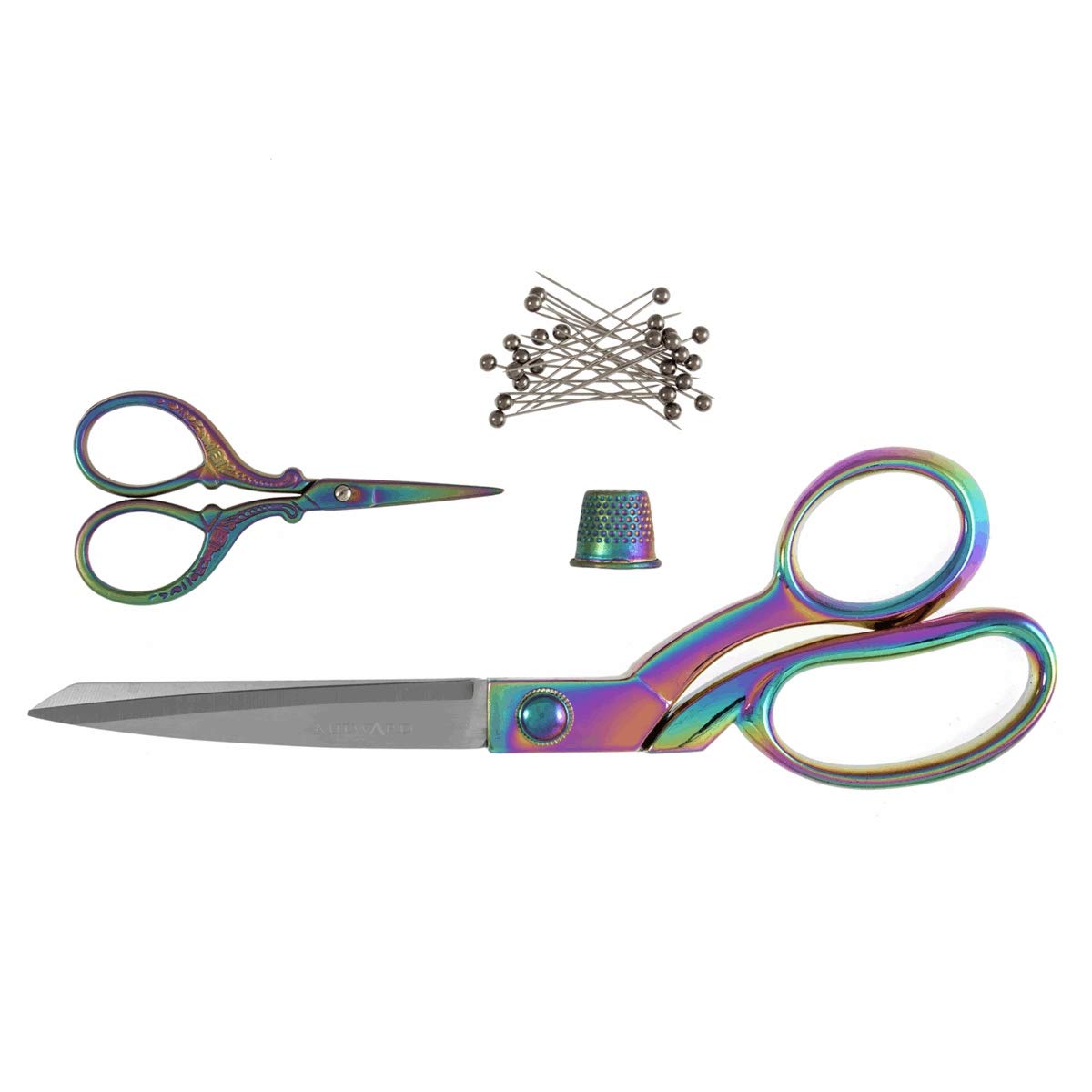 Milward Premium Scissors Gift Set - Includes Dressmaking Shears, Embroidery Scissors, Thimble and Pearl Headed Pins, Rainbow
